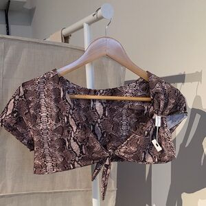 Frankie's Bikinis Brown Snake Print Tie-Front Crop Bikini Top